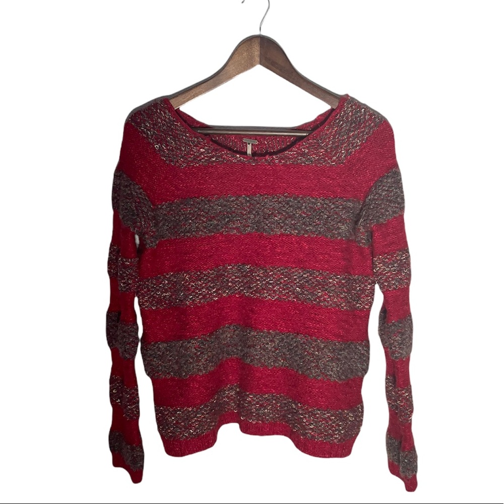 Free People Open Weave Knit Pull Over Stripe Red Sweater
